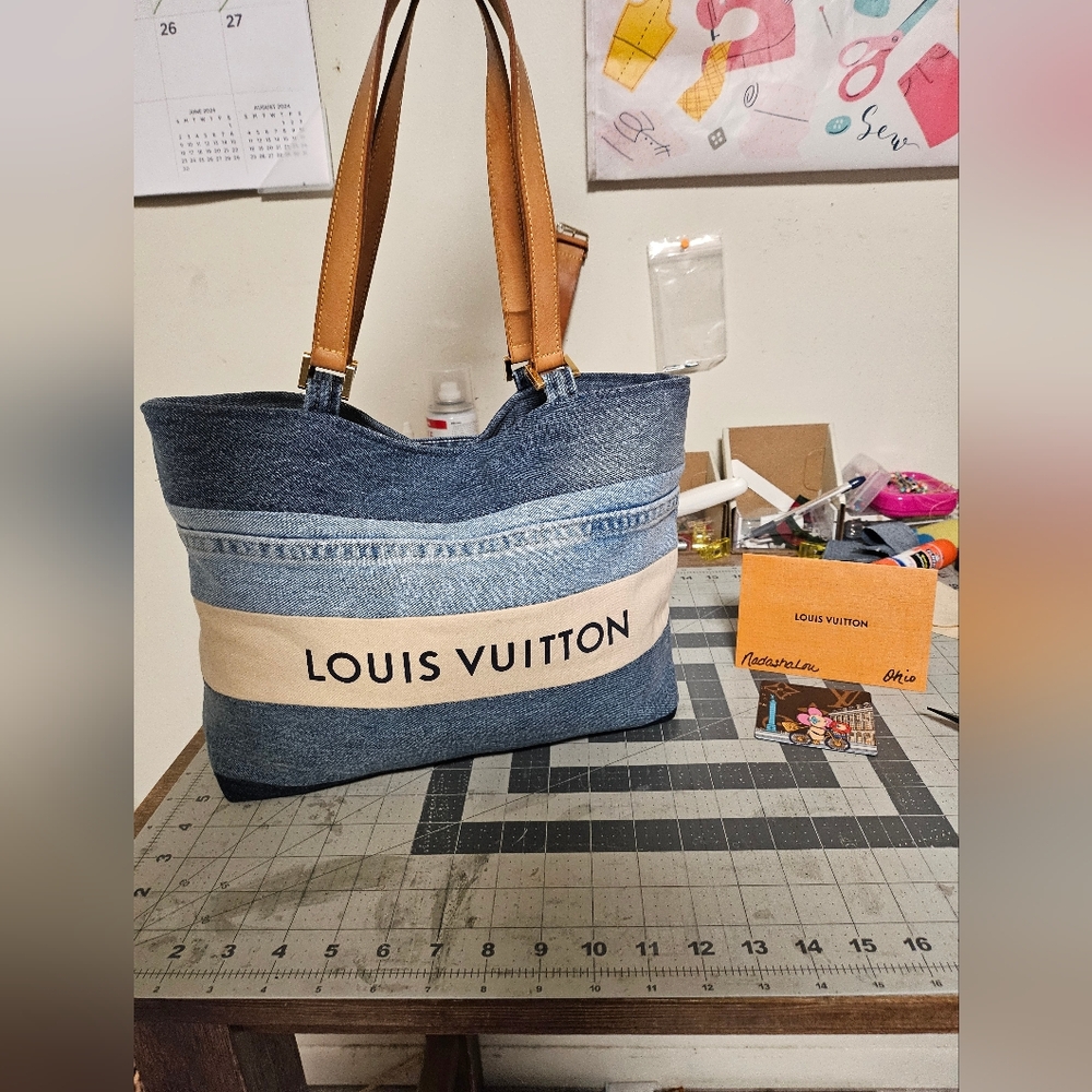 Repurposed Upcycled Denim Tote Bag made with authentic Louis Vuitton straps etc.